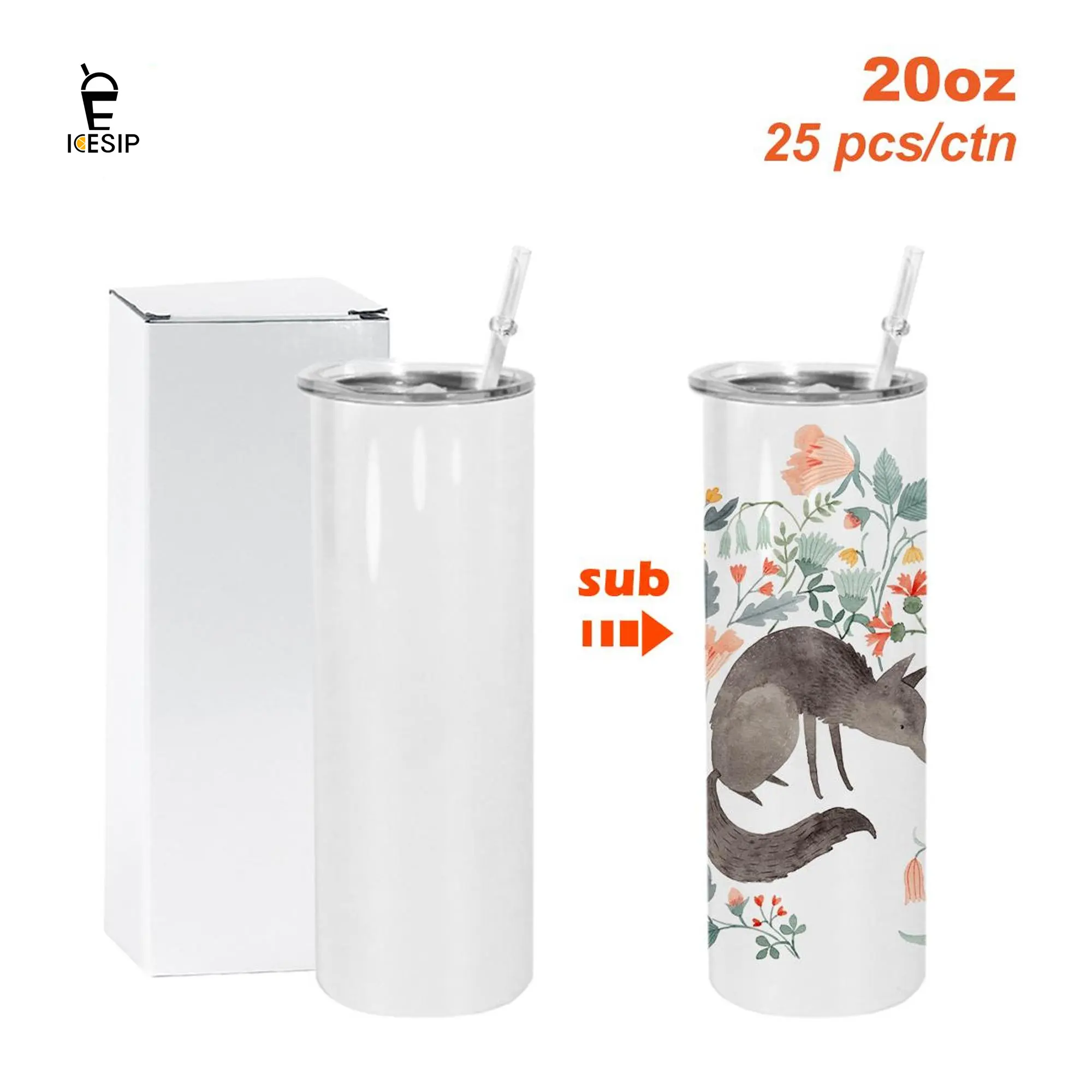 ICESIP Wholesale 25pcs 20oz Sublimation Stainless Steel Skinny Straight Tumblers, with Colorful Plastic-Silicone Lid & Straw, Blank Cups for Home, Festive Supplies, Tumbler