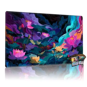 TCG, MTG, CCG RPG trading card game MATS, vivid multi-color lotus garden, artistic abstract fluid background, 14x24 inches, durable, anti-skid, versatile desktop art pad.