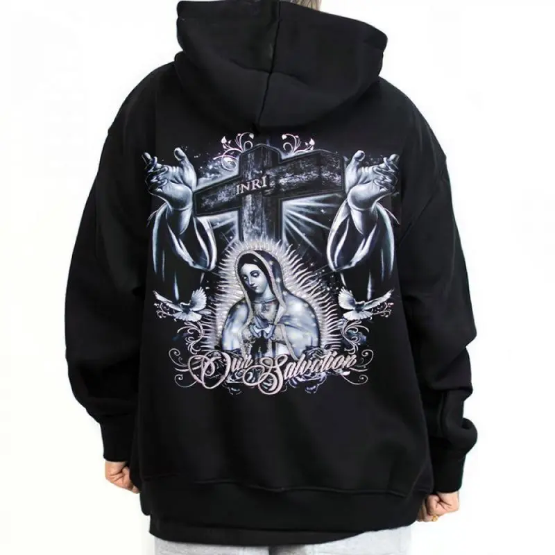 Guadalupe Cross INRI Dove Hands Hoodie Chicano Streetwear Pullover Graphic Hoodie Men Menswear Urban Fashion Casual Fall Outfit TikTok Shop Deals Gangster Style Cozy Cotton Sweatshirt Unisex Streetwear