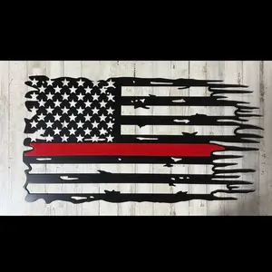 Thin Red Line Tattered American Flag – 14 Gauge Steel Firefighter Edition