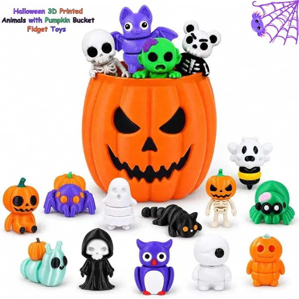 Halloween 3D Printed Animal Fidget Toys with Pumpkin Bucket – Movable Joint Skeleton Figurines, Mini Sensory Toys, Classroom Prizes, Party Favors, Kids Halloween Gifts