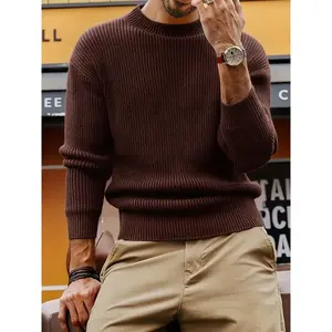 Men’s crew-neck wool sweater, thick casual knitwear with a twisted design, perfect for fall and winter—fashionable men’s clothing GARMENTARY