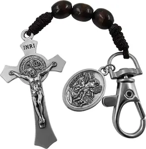 Catholic Rosary  for  St Benedict Cross Saint Michael Guardian Angel Medal Pocket Rosary Key Chain Religious Accessory  Beads