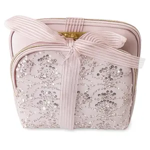 Vince Camuto Pink Silver Sequined Makeup Bag with Bow Accent & Zipper Closure