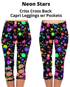 Black Neon Stars Criss Cross Back Capris