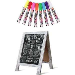 Rustic Whitewash Double Sided Chalkboard, 7.5"*8.6" Tabletop Stand, Small Countertop Chalkboard Easel with 8 count Liquid Chalk for Menu, Kitchen, Restaurants, Bar, Wedding and  Decor