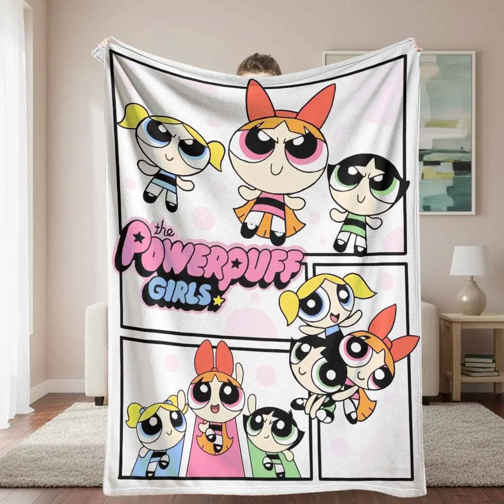 Powerpuff Girls Cartoon Character Flannel Fabric Blanket, 1-Piece Plush Texture Super Soft Lightweight Fuzzy Breathable Warm Microfiber Throw, Multi-Size for Bedding Sofa Camping Trip Gift