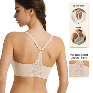 Lusait Lace Jelly Bra Bralettes for Women Pullover Bra Seamless Wireless Deep V Racerback Comfort Padded Everyday Tshirt Bra