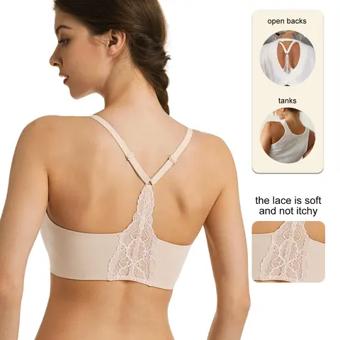 Lusait Women's Light Soft Adjustable Lace Jelly Bralette - Seamless Wireless Deep V Racerback, Minimalist Triangle Straps, Padded Fabric, Pullover Everyday T-Shirt Bra, Lingerie & Underwear for Women, Back to School