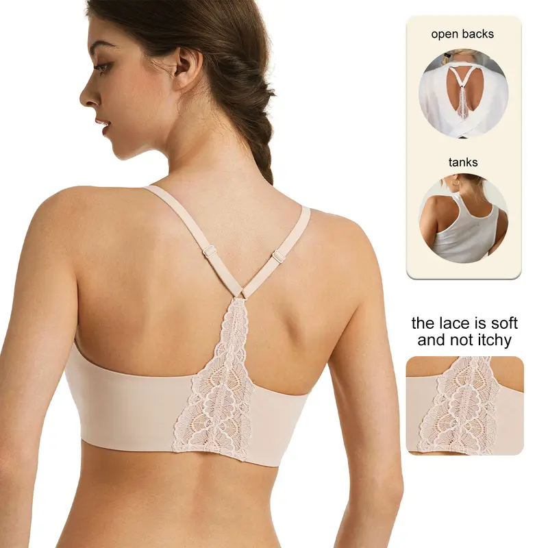 Lusait Women's Light Soft Adjustable Lace Jelly Bralette - Seamless Wireless Deep V Racerback, Minimalist Triangle Straps, Padded Fabric, Pullover Everyday T-Shirt Bra, Lingerie & Underwear for Women, Back to School