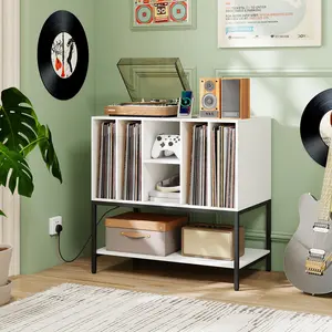 COSTWAY - Record Player Stand with Charging Station and Metal Frame-White