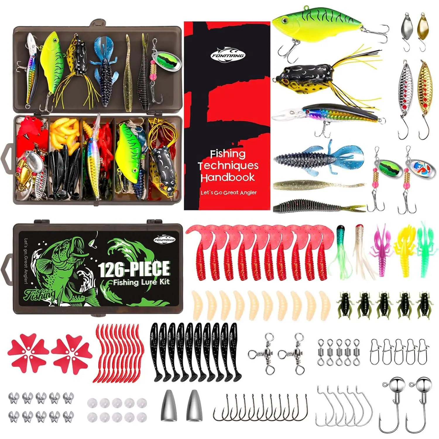 126 Piece Fishing Lures Kit for Beginners, Tackle Box with Lifelike Baits & Stainless Steel Hooks, Includes Frogs, Crankbaits & Soft Plastics for Freshwater Bass, Trout, Walleye - Gift for Father's Day, Valentine's Day, 126 Pieces, 18Cm X 9.5Cm X 3Cm