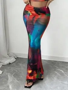 Women's Elastic Waist Colorblock Bodycon Skirt, Elegant Casual, Perfect for Dates and Parties, Non-Transparent Fabric