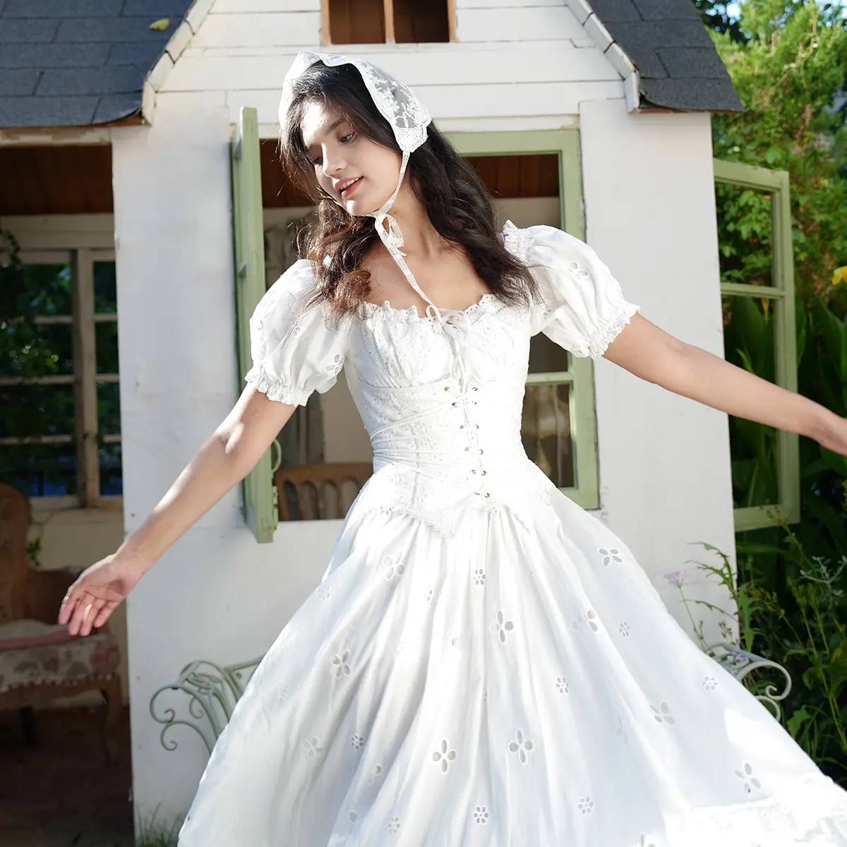 Lily of the Valley Corset Dress-LuminaVenus Dresses Vintage Cottagecore  White Dress Puff Sleeve Corset Wedding