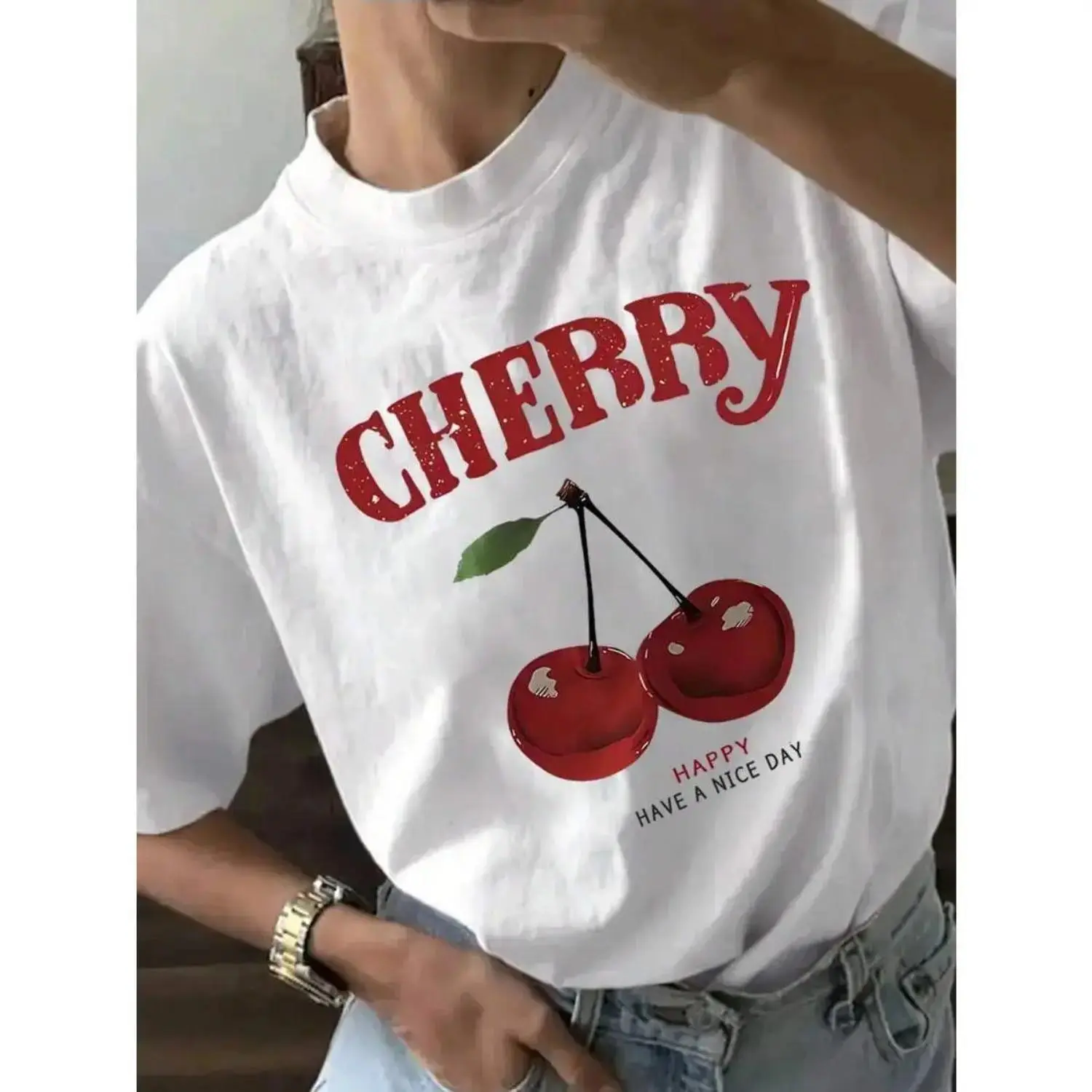 Cherry and Letter Print TShirt with Round Neck Short Sleeves Casual Top for Women Spring