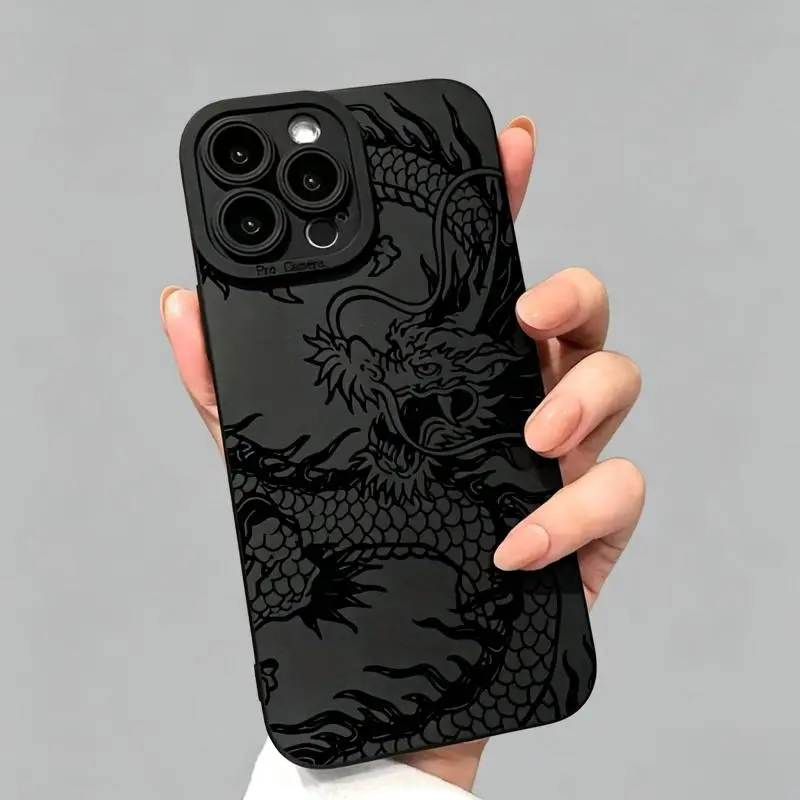 Matte Black Chinese Dragon Carbon Fibre TPU Plastic Shockproof Phone Case for iPhone 17/16/15/14/13/12/11 Multi-Model Series (Including Pro/Plus/Max, iPhone11ProMax) - Protective, Durable, Flexible, Anti-Drop Cellphone Accessory, Accessories, Heavy Duty P