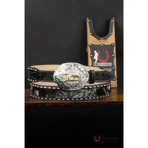 LA HERRADURA BLACK COWHIDE HANDTOOLED NEW DESIGN BELT