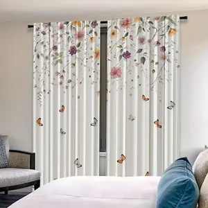 2 Piece Printed Curtains, Background Colorful Floral Butterfly Pattern, Rod Pocket Design, Easy to Hang, Vibrant Semi-Transparent Privacy Curtains