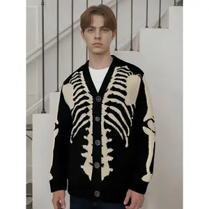 Christmas Pattern Men'S Loose Sweater Skull Pattern Design V-Neck Sweater Cardigan with Buttons