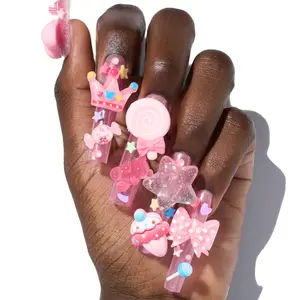 24pcs 3D Resin Candy Bow Star Decor False Nails Long Ballet Pink Press on Nails for Girls Full Cover Wearable Fake Nail Patches