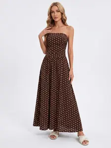 Women's Elegant Polka Dot Cinched Waist Maxi Tube Dress, Summer Breathable Flattering Pleated Dress for Beach Holiday, Skin-Friendly Backless Daily Outfit