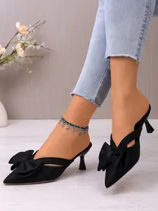 New Satin Bow Mules Shoes, Pointed Toe Low Heel Half Slipper, Fashion High Heels for Women, Elegant Ladies Footwear