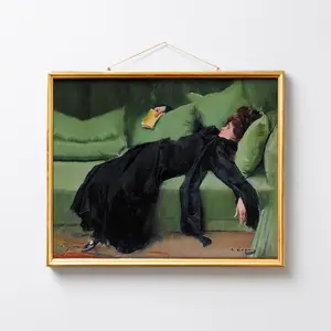 Woman on Green Sofa Reading Book – Literary Girl Wall Art, Vintage Portrait, Antique Home Decor, Room Decor, Unframed