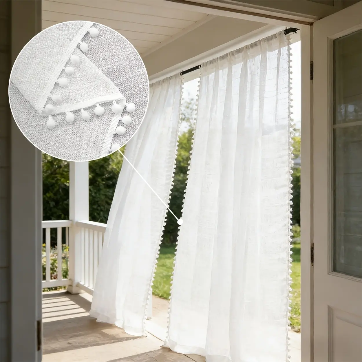 Boho Cross Pattern Ball Curtain, Modern Simple Semi-Sheer Rod Pocket Window Curtains, Outdoor Pavilion, Balcony, Bedroom Decor