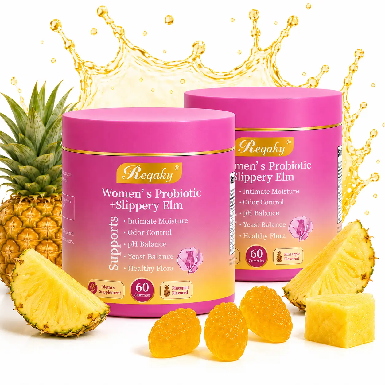 Reqaky Her Juicy Feminine Probiotics Gummies - Healthcare Dietary Supplement with Slippery Elm, Prebiotics & Lactobacillus Blend for Women's pH Balance & Dryness, 60-Count Hawaiian Pineapple Flavor