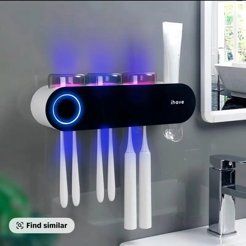 iHove Toothbrush Holders with Ultraviolet Disinfection Wall Mounted Hygiene Toothbrush Holder with Toothpaste Dispenser USB Charging Bathroom Toothbrush Holder