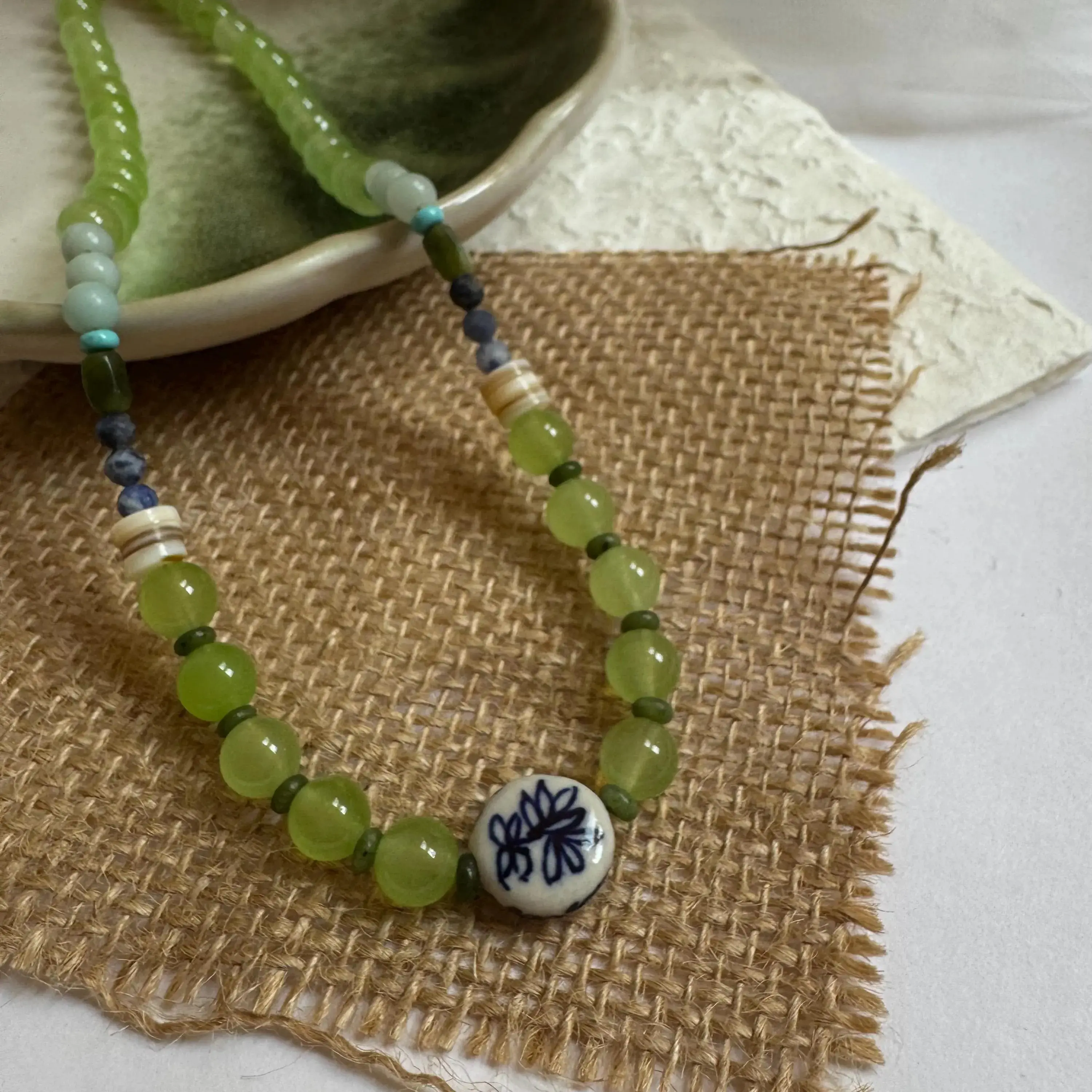 Handmade Natural Green Grape Chalcedony and Cloisonné Bead Necklace, Muxi Jewelry