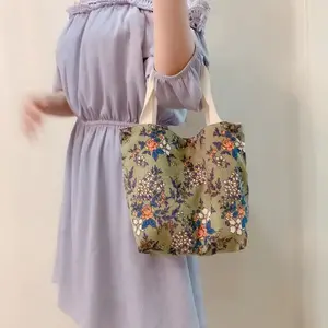 Vintage Artistic Floral Corduroy Small Tote