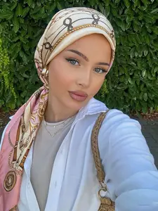 Women's New Chain Color Block Hair Hat, Hijab Fashion, Head Scarf, Painted Color Block Graffiti, Lightweight Fabric, Suitable for Daily Wear