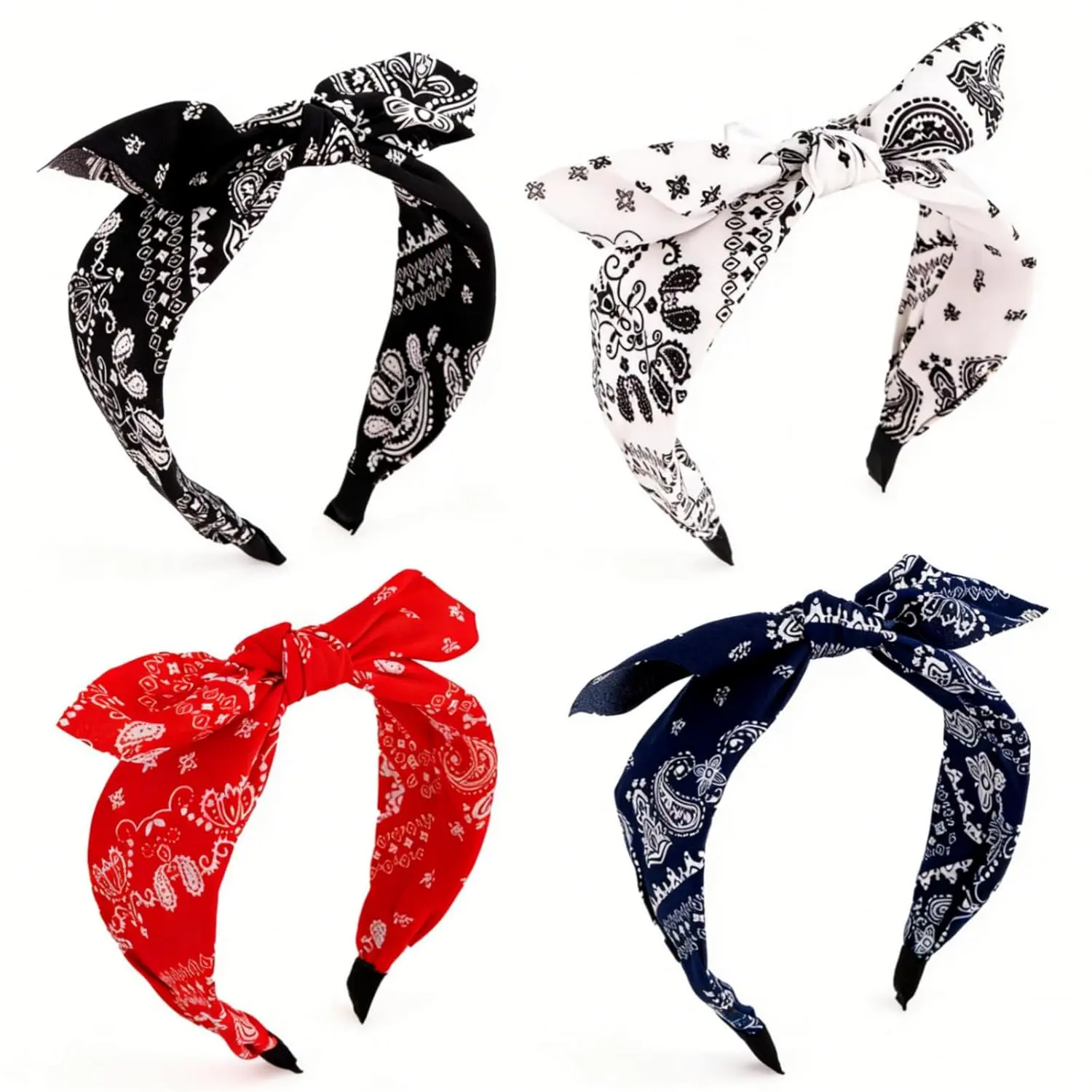 4PCS Paisley Bandana Headbands Top Knotted Bow Handbands for Women Girls Cute Bunny Ear Hairbands Vintage Bowknot Floral Boho Headband Paisley Print Cashew Design Hair Hoops Hippie