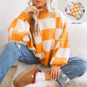 Fall Clothes For Women Plaid Checkered Print Sweaters Drop Shoulder Bishop Long Sleeve Sweater Pullover Tops Fashion Winter Outfits