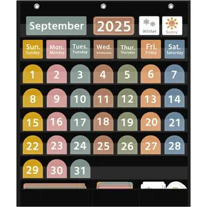 Large Boho Calendar Pocket Chart with 96 Cards for Classroom Size 32.25 x 24.125 inch Black Monthly Calendar and Weather Pocket Chart for Student Learning for Home or School