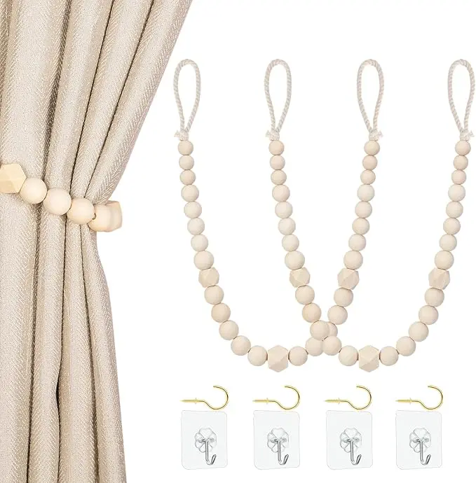 Wood Bead Curtain Tiebacks, Set of 2 Curtain Holdbacks for Thin or Thick Window Draperies, Boho Farmhouse Curtain Tiebacks with Hooks, Curtain Tie Backs for Home Office Room Decor