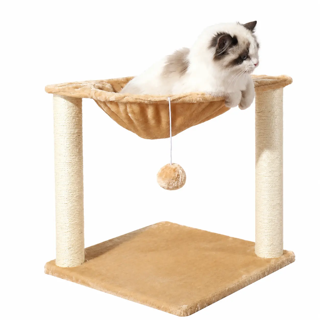 Small Beige Cat Tree Tower with Hammock Perch for Indoor Cats, Natural Sisal Scratching Posts, Interactive Hanging Pom Pom Toy Ball, Stable Square Base Multi Functional Cat Furniture for Kittens & Adult Cats, Easy Assembly Rest Play Stand