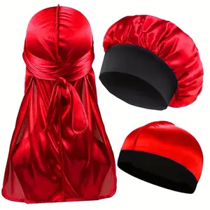 3pcs/Set Solid Color Elastic Satin Bonnet Night Cap, Lightweight Pirate Hats with Durag and Bonnet