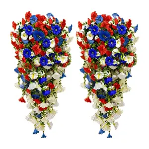 9 suspended simulated three color violet flowers, UV resistant simulated flowers, red, blue, and white patriotic, Decorative flowers, suitable for outdoor porch, balcony decoration, indoor decoration, wedding decoration, and Independence Day