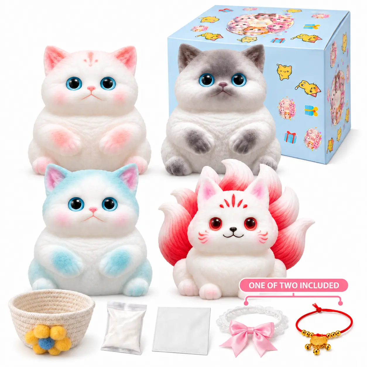Cute Cat & Nine-Tailed Fox Squishy Toys, Soft Washable Fidget Toys, Kawaii Sensory Desk Toys, Stress-Relief Gifts for Teens & Adults