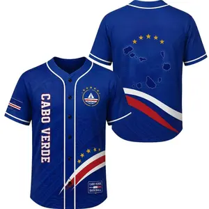 Cabo Verde Baseball Jersey Blue Standard Edition - Cape Verde Flag Colors & Country Map Outline Button Up Shirt for Men, Women and Youth
