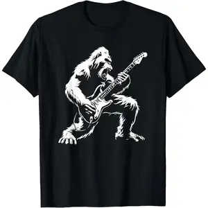 Bigfoot Playing Guitar Rock Music Band Sasquatch T-Shirt Pure Cotton Graphic Tees Menswear Top: Gifts for Men & Women