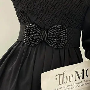 Faux Pearl Bowknot Wide Belts Elegant Solid Color Elastic Waistband Classic Coat Dress Belt Women
