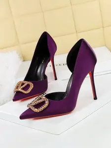 9267-K202 Women’s Side Cut Water Diamond Buckle High Heels, Elegant Stiletto Pointed Toe Shallow Sexy Bottom Shoes for Daily Wear