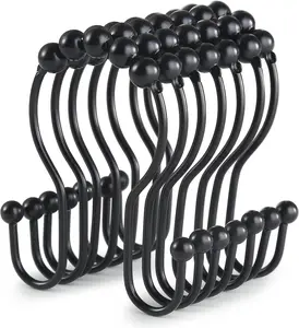 Shower Curtain Hooks, 12 Pcs Shower Curtain Rings, Stainless Steel Black Shower Curtain Hooks, Shower Curtain Rings Rust Proof, Smooth Sliding Anti-Drop Double Shower Rings for Curtain (Black) Set Retro