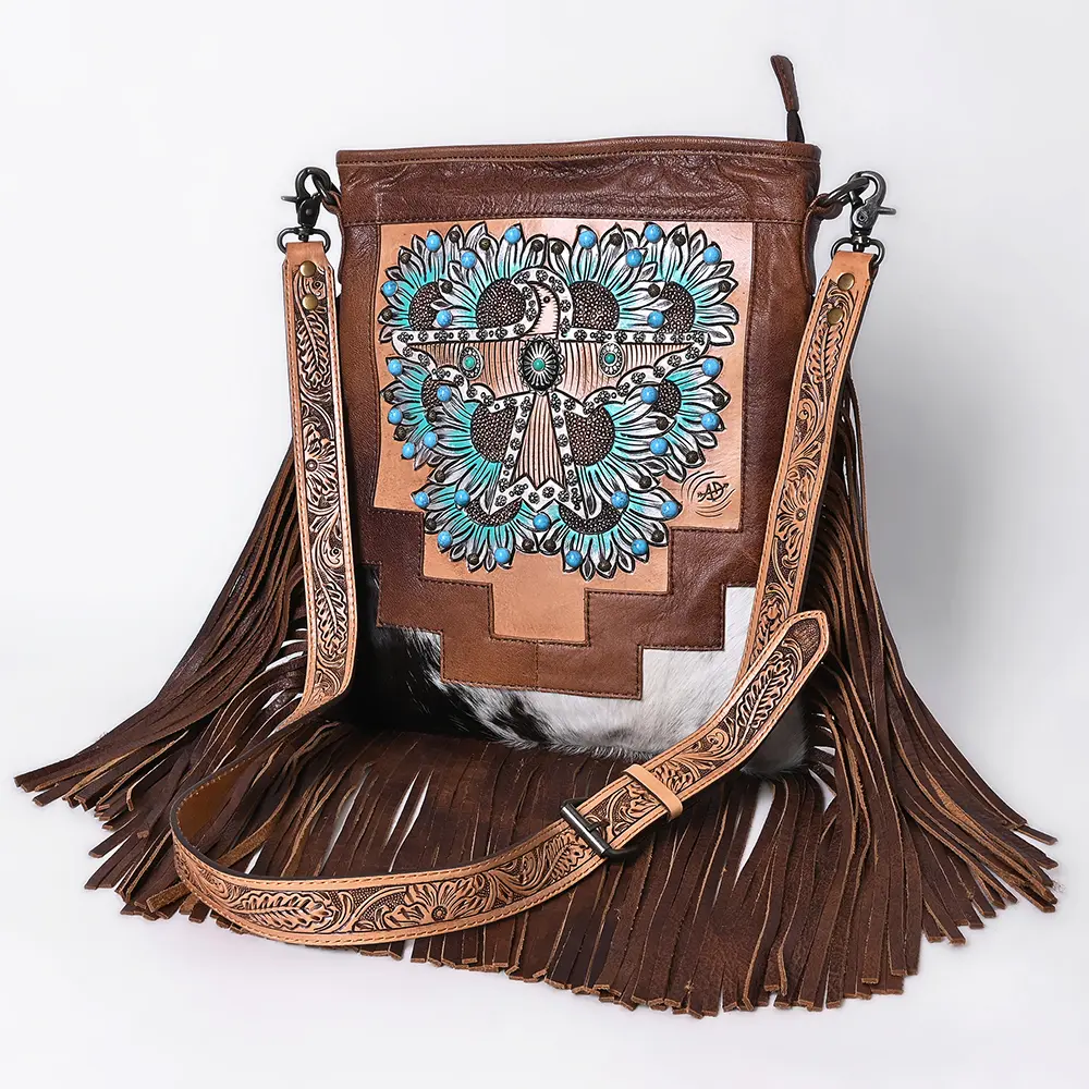 American Darling Hand-Tooled Leather Messenger Bag with Western Carving, Hair-On, Fringes, Rivet Embossing, Genuine Leather Build & Well-Compartmentalized Interior