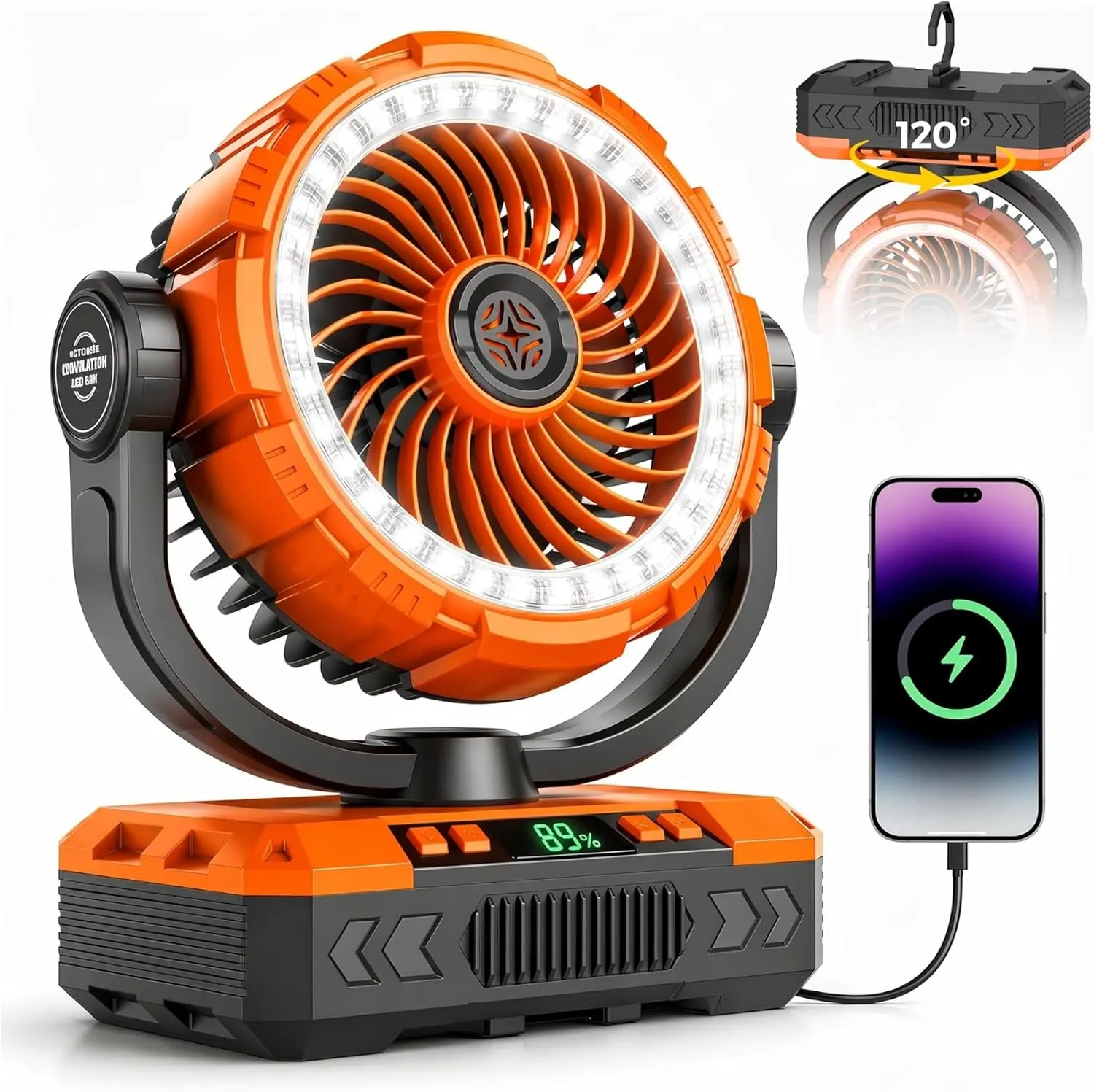 Rechargeable Oscillating Turbo Camping Fan - 20000mAh Portable Battery Powered, 60H Max Runtime, Light, Timer, Hook Mount, for Outdoor Camping, Travelers, Tent Use