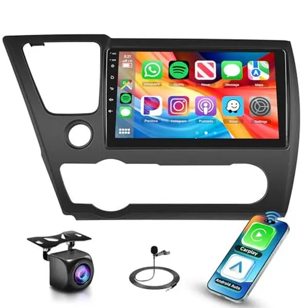 Podofo Car Radio Stereo Carplay Screen for 2013-2017 Civic, 2+64G 9'' Touchscreen, 5Ghz WiFi Android 15, Wireless Carplay, Android Auto, DSP EQ, GPS Navigation, Bluetooth, FM, RDS, SWC, HD Backup Camera, Father's Day Gift, Wireless Carplay Screen
