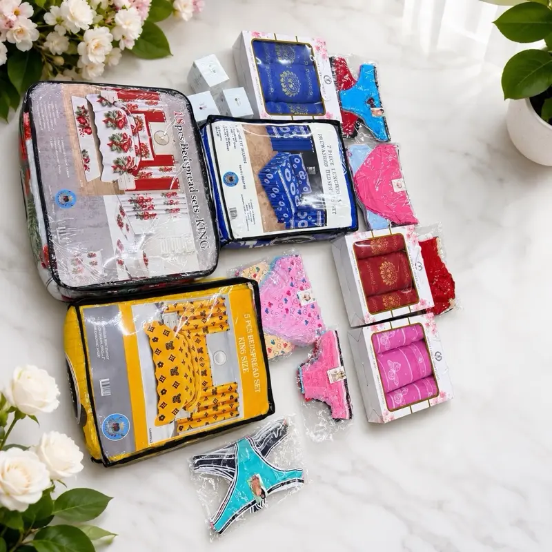 Boxes of $210  information 30 piece of panties (6 pack)  6 towels (3 pack) 3 perfumes 1 bedspread 7 pieces 1 bedspread 5 piece 1 bedspread 1 bedspread 18 pieces  1 slippers as gifts